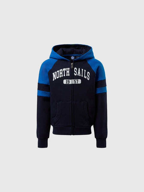 North Sails maglione blu chiaro bambino in cotone con logo ricamato sul  petto e toppe sulle maniche